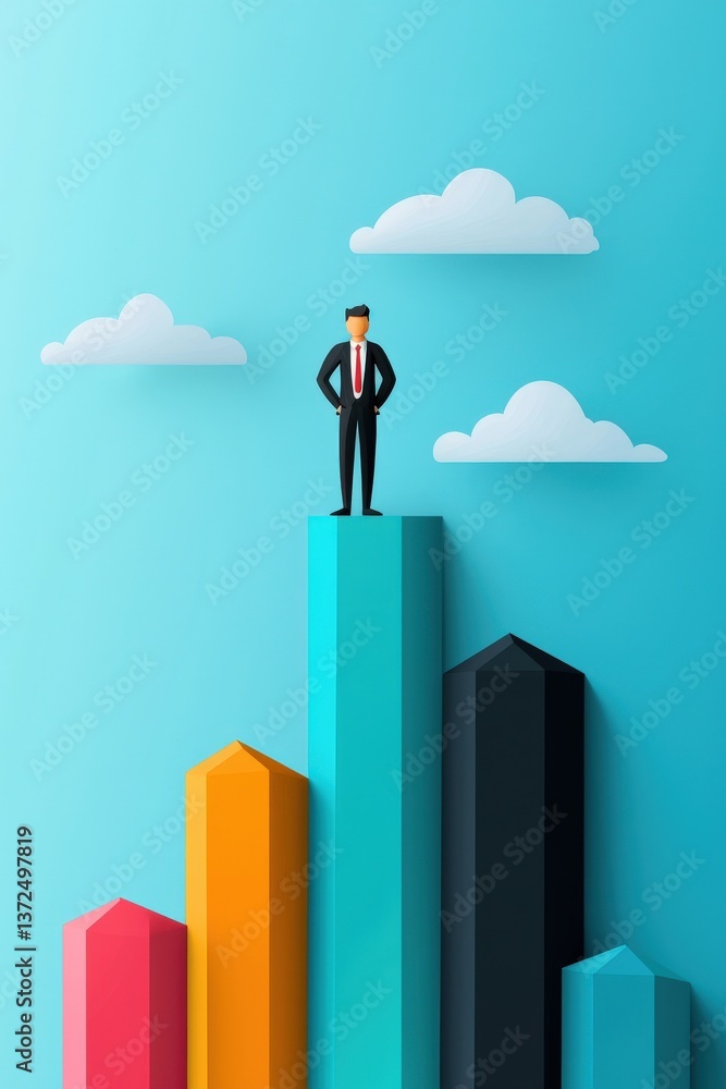 Poster businessperson standing on floating bar graph, representing fragile business success.