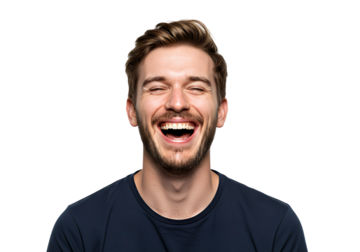 A man laughing with his head back, pure happiness, isolated 