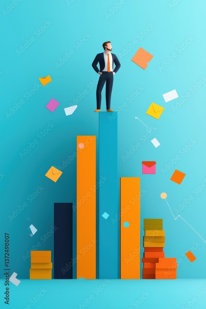 Poster businessperson standing on floating bar graph, representing fragile business success.