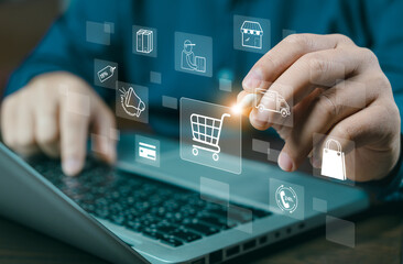 Digital marketing and financial. Pressing on cart while online shopping. Marketing suppliers offer...