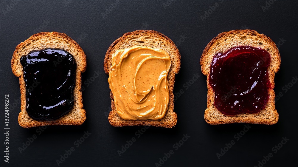 Poster three toast slices are topped with different spreads and placed on a dark surface.