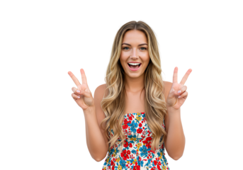 A woman making a peace sign, fun and friendly, isolated