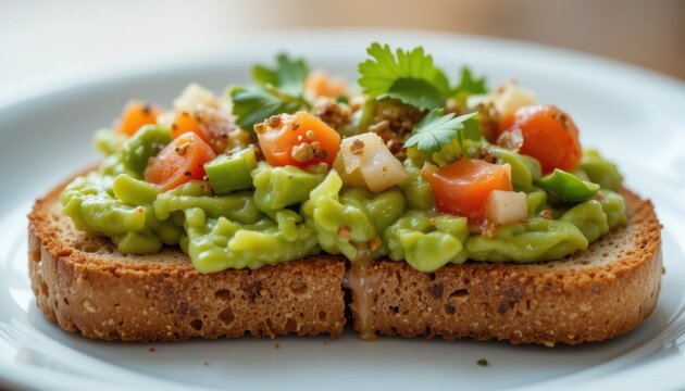 Tostada de aguacate, crema para untar, masa madre crujiente, coberturas vibrantes, emplatado art&iacute;stico