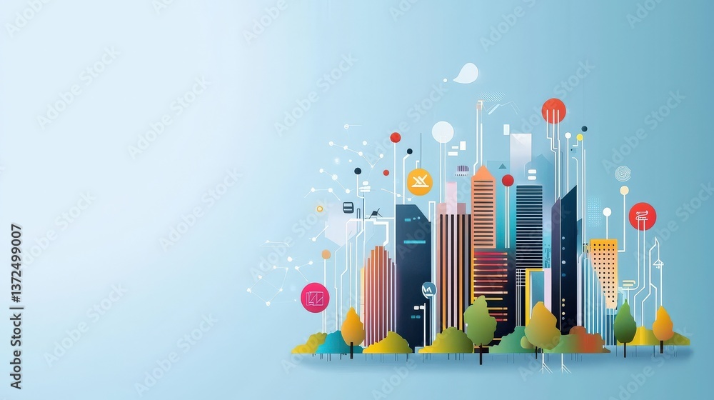 Poster city skyline merging with computer circuit patterns.
