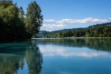 Fototapeta premium Serene lake reflects sky amidst trees, under sunny skies