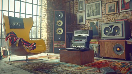 A cozy, vintage-inspired living room with a yellow chair, record player, and large windows.