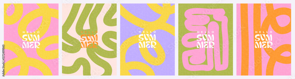 Wall mural creative concept of summer bright and juicy cards set. modern abstract art design with wavy shapes a