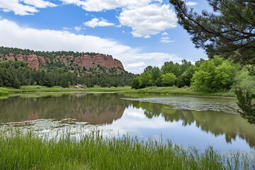 Fototapeta premium Serene lake reflects sky, trees, and a red rock formation