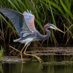 Purple Heron Landing in Marsh