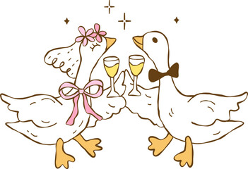 Hand drawn wedding cute silly goose, Bride and groom duck vector, Silly Bride Goose, Cute duck couple © Annie