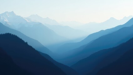 Serene Blue Mountain Range Landscape Panorama Hazy Peaks and Forests