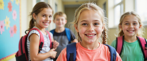 Smiling children in school hallway having fun
