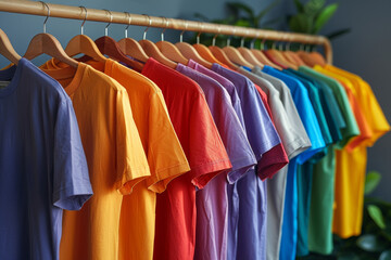 Fototapeta premium Brightly colored t shirts in a rainbow of hues neatly arranged on wooden hangers. This organized display emphasizes variety and a cheerful, vibrant wardrobe style.