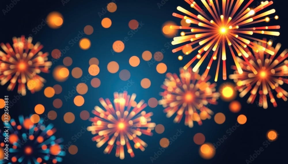 Poster the graphic design showcases a dazzling array of golden bokeh paired with vibrant bursts of firework