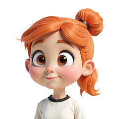 Adorable 3D rendered cartoon girl with red hair in a bun, smiling cheerfully. Perfect for children's products, websites, or apps.