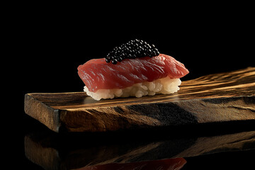 Sushi nigiri with tuna, topped with caviar on a wooden platter, exquisite cuisine delight