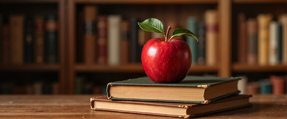 Red apple on stacked books against wooden library background