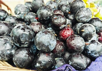 A pile of ripe delicious plum open sell in Indian market.
