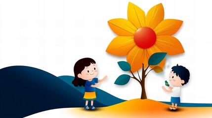 Two cartoon children are interacting near an oversized orange flower on a white background.