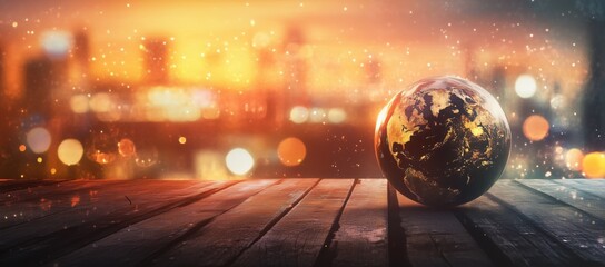 Elemental Earth Orb on Wooden Table with Sunset Cityscape and Bokeh Night Lights, Fantasy World Concept Art of Mystical Energy and Cosmic Connection