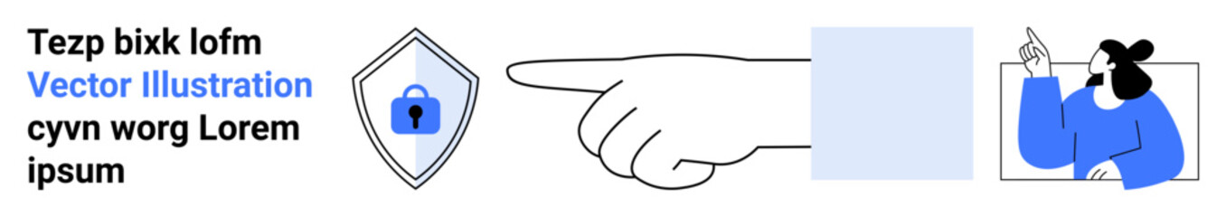 Hand pointing toward shield with lock, symbolizing security, next to a person giving a presentation. Ideal for cybersecurity, teamwork, data protection, business, presentation design, collaboration