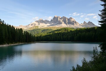 Naklejka premium Serene lake view with mountains and forest under a clear sky