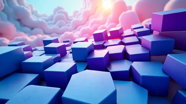A mesmerizing journey through a landscape of vibrant, morphing hexagonal shapes beneath a dreamy sky