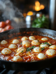 Cooking delicious eggs with sauce in a hot pan for breakfast or brunch in the kitchen