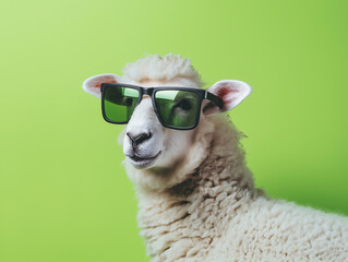 Funny sheep wearing stylish sunglasses against a green background, cool animal portrait