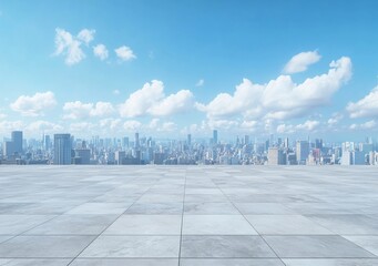 Empty marble floor with a city skyline background