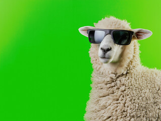 Sheep wearing sunglasses on a green background, showcasing funny fashion and cool attitude