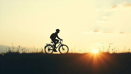 Obraz premium A photo-realistic double exposure of a silhouette with a bicycle symbolizes eco-friendly transportation, perfect for sustainability themes with ample copy space.