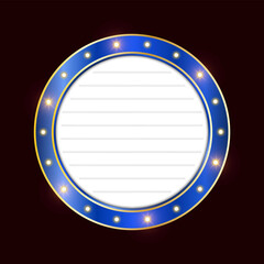 Retro sign frame. Retro circle frame with light bulb. blue metallic retro circle with light bulb

