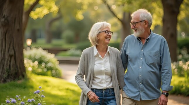 An older couple enjoys a peaceful walk together through a sunny park. Their joyful expressions and relaxed postures reflect happiness, companionship, and healthy aging. 