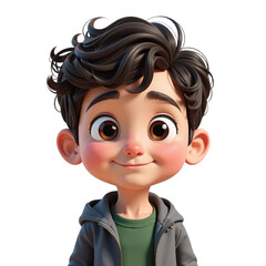 Cute cartoon boy with dark hair and a friendly smile, wearing a grey hoodie. Perfect for children's media and educational materials.