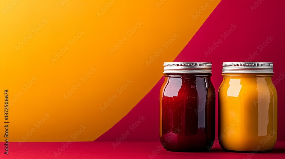 Poster two glass jars are positioned on a red surface against a background of yellow and red sections.