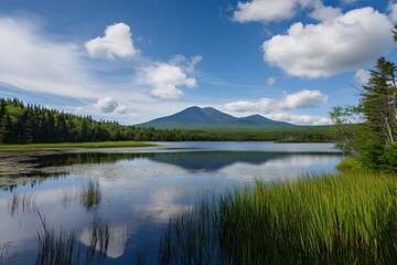 Fototapeta premium Serene mountain reflection in calm waters under a cloudy blue sky