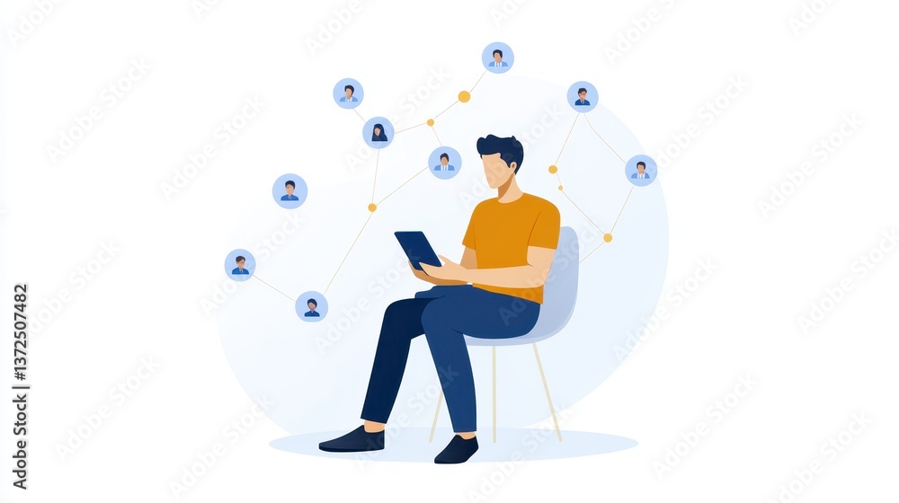 Poster man using laptop surrounded by social media icons, visual representation of online connection