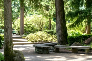 Serene park path with stone benches and lush green trees