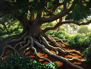 Large Ancient Tree with Exposed Roots in Lush Green Forest