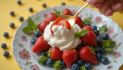 A close-up photo of strawberries, cream and mint served on a stylish plate with an abundance of detail and light in a yummy and comforting ambiance