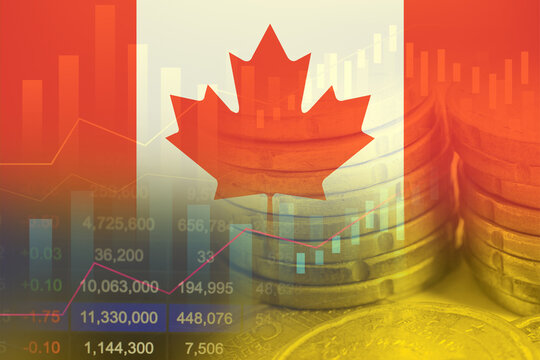 Canada flag on stock investment trading with coin and graph. - Powered by Adobe
