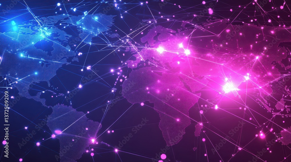 Poster illuminated world map, visualizing global networks and connections glowing