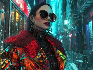 Trendy woman with sunglasses in urban winter scene.