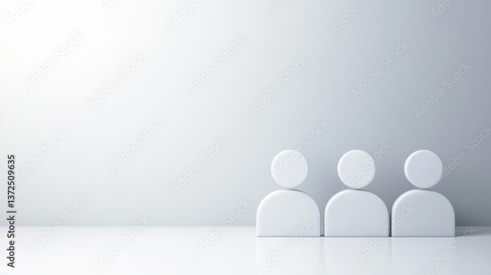 Poster minimalist portrait, three people on white surface capturing unity and simplicity
