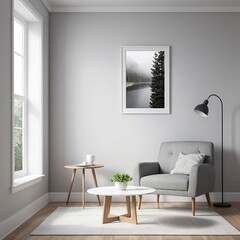 Modern Living Room Interior with Gray Armchair and Mountain Landscape Artwork