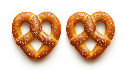 Fototapeta premium Two pretzels are displayed side by side on a bright white surface, featuring many small salt grains sprinkled on top.