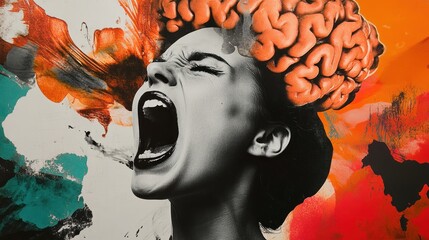 A woman expressing strong emotion with an open mouth and brain