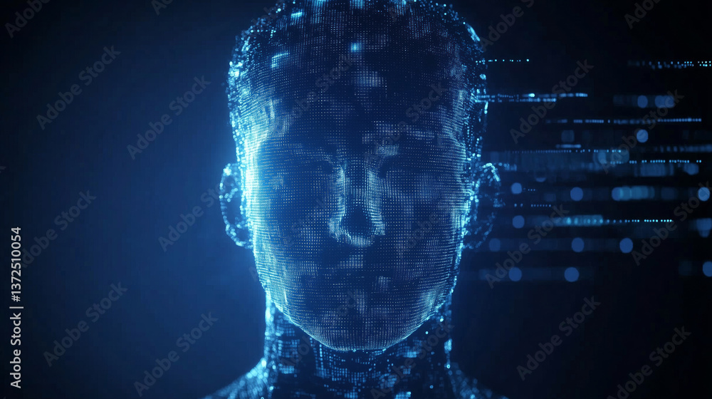Poster digital representation of human face composed of glowing pixels, symbolizing artificial intelligence