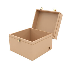 Open beige square box isolated on black background.  Empty container mockup for product presentation.